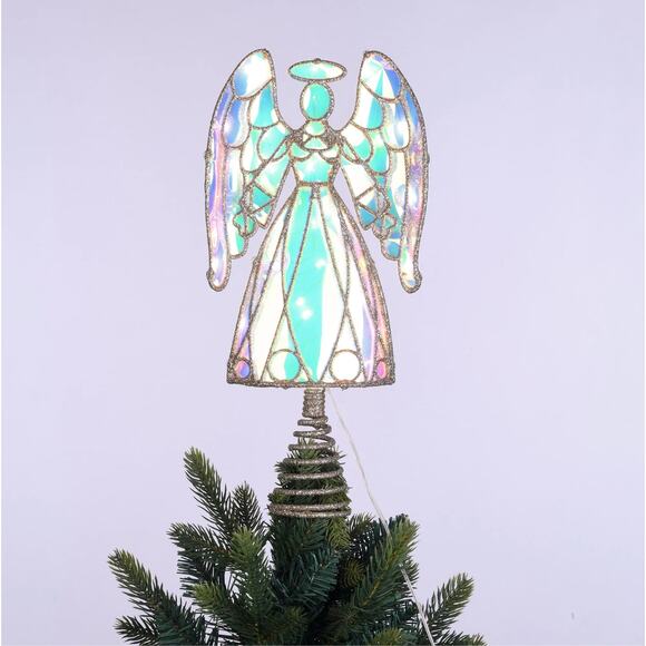Light Up LED Prismatic Iridescent Angel Christmas Tree Topper Clear 13" Holiday - Picture 2 of 8